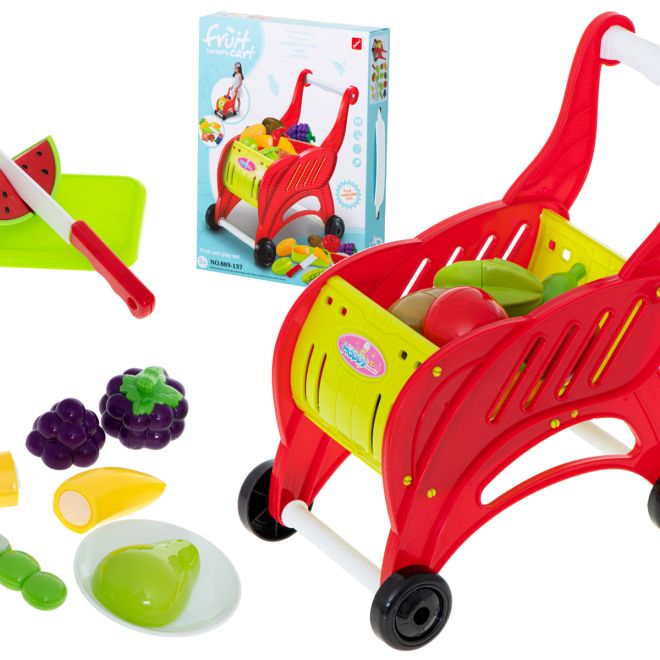 Dětský nákupní vozík s ovocem a zeleninou na krájení
