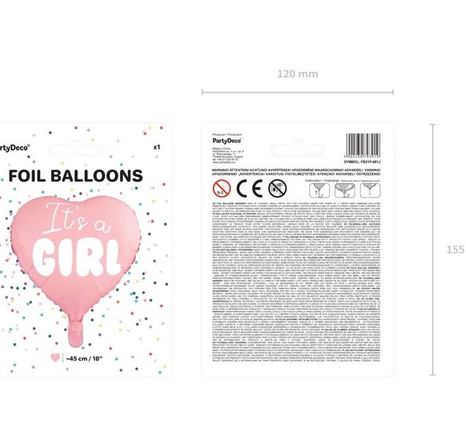 Růžový fóliový balónek ve tvaru srdce na dětskou párty "Je to holka" 48 cm