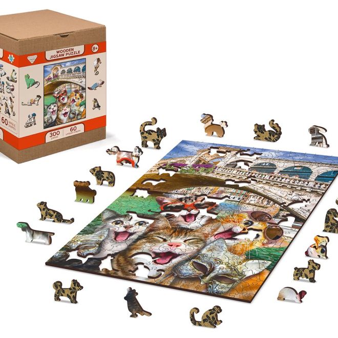 Wooden City Dřevěné puzzle Koťata v Benátkách 2v1, 75 dílků EKO