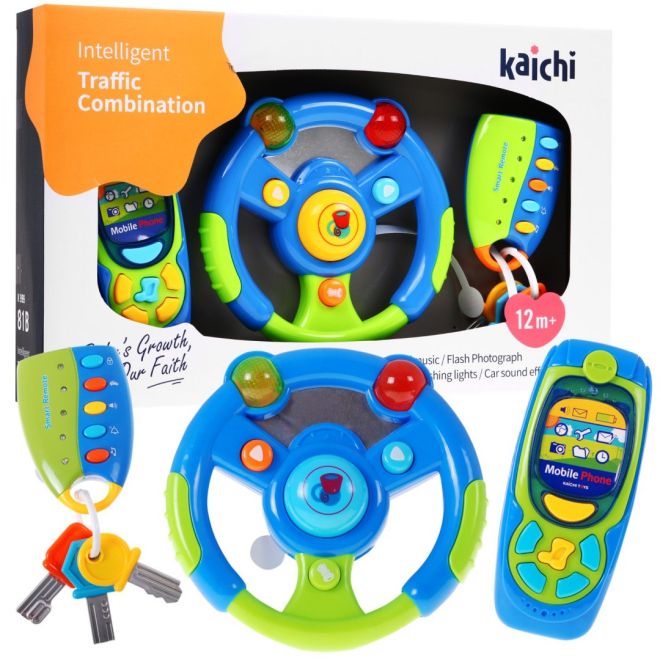 Interaktivní sada pro řidiče pro děti 3+ Volant + dálkové ovládání s klíči + telefon + zvuky Světla