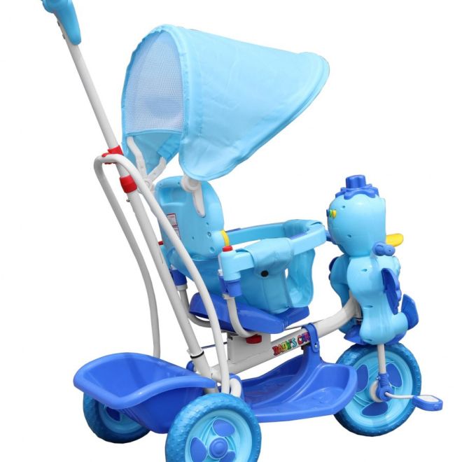 Dětské tříkolové kolo Duck Bike Blue + zvuky + stříška + zábrana + opěrka nohou + rukojeť + ližiny + úložný prostor