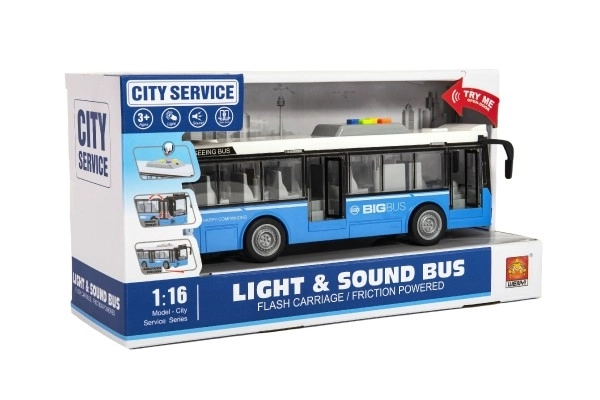 Autobus plast 28cm modrý na setrvačník na bat. se světlem se zvukem v krabici 32x17x11cm