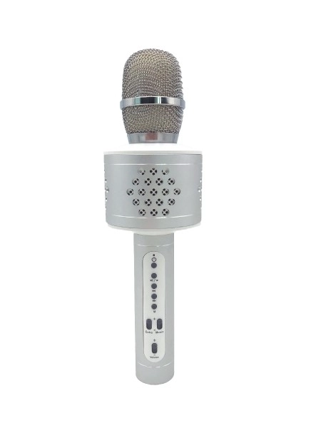 Mikrofon karaoke Bluetooth na baterie s USB kabelem v krabici 10x28x8,5cm – Stříbrný