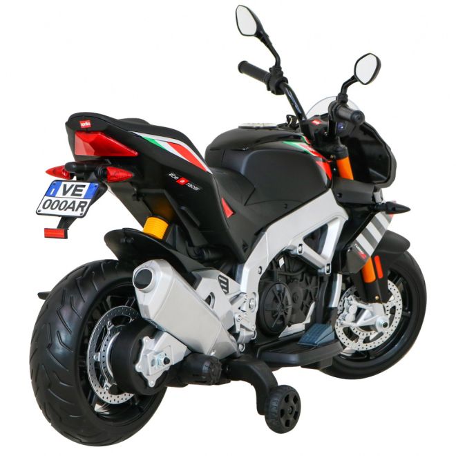 Aprilia Tuono V4 Dětský motocykl na baterie černý + panel MP3 + asistenční kolečka + pomalý start