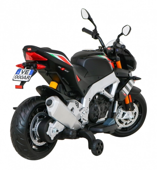 Aprilia Tuono V4 Dětský motocykl na baterie černý + panel MP3 + asistenční kolečka + pomalý start