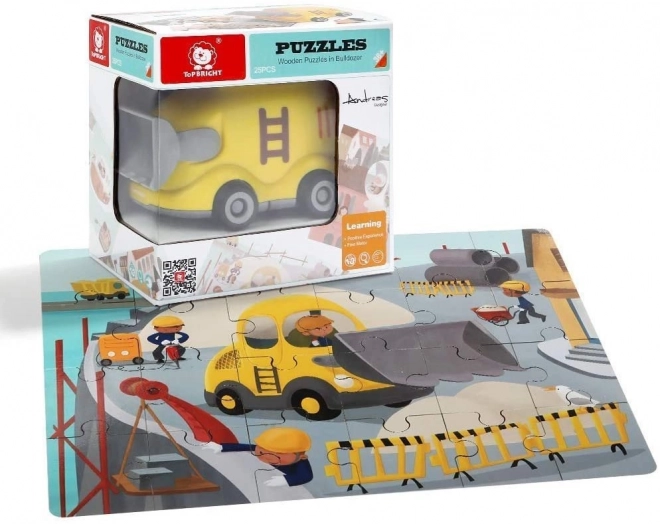 TOP BRIGHT Dřevěné puzzle s hračkou: Buldozer 24 dílků