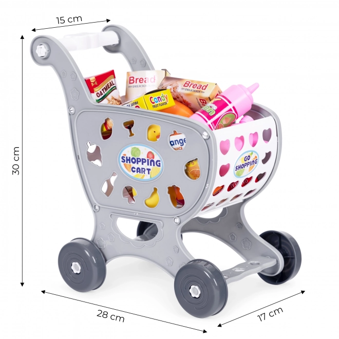 Šedý dětský nákupní vozík pro hru v supermarketu nebo v kuchyni + 18 doplňků