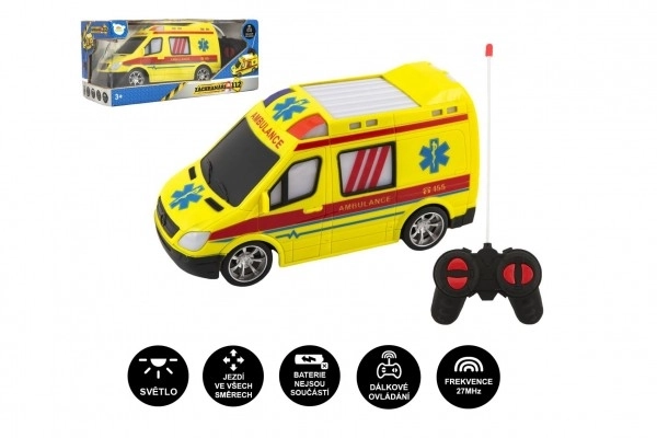 Auto RC ambulance plast 20cm na dálkové ovládání 27MHz na baterie se světlem v krabici 28x13x11cm