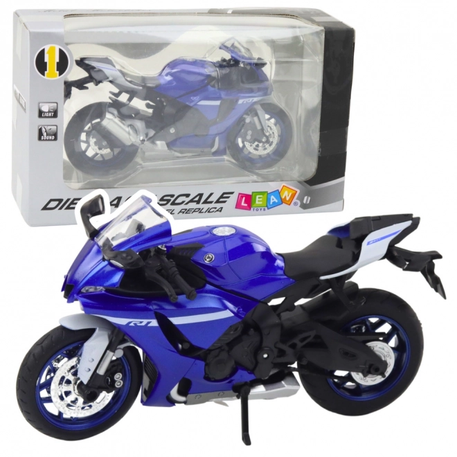Kovový sportovní motocykl modrý R1 1:12