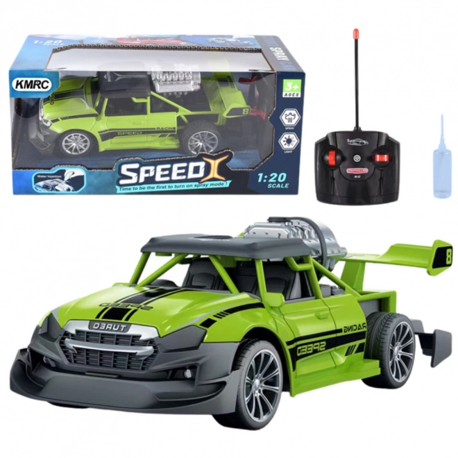 Zelené RC auto se světelnými efekty a efektem kouře