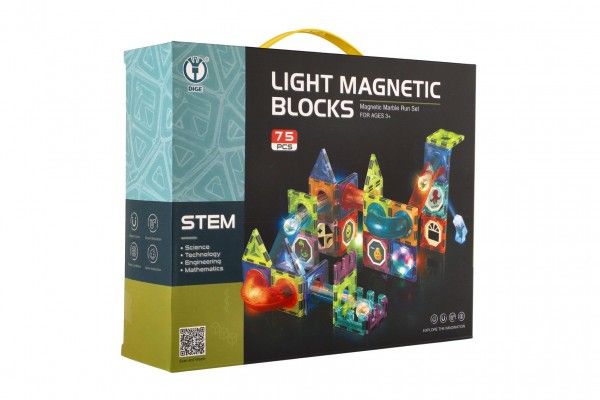 Kuličková dráha magnetická plast 75ks 8 kuliček + doplňky na baterie se světlem v krabici 31x25x8cm