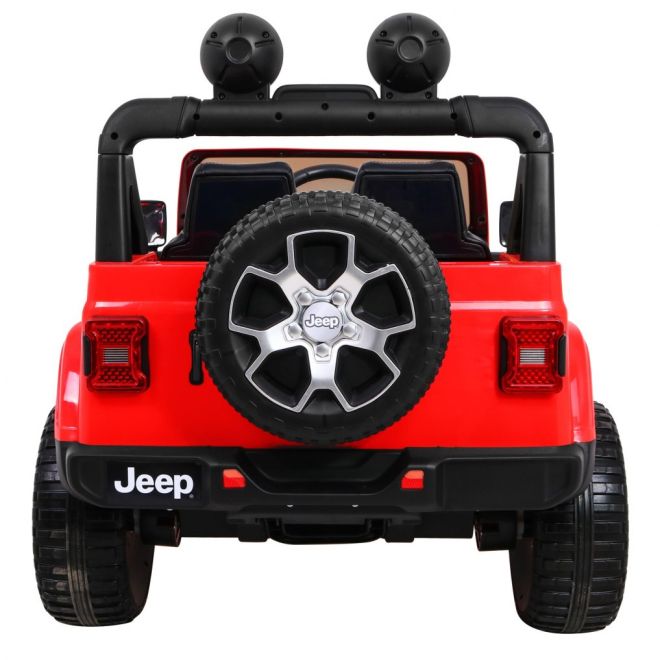 Jeep Wrangler Rubicon baterie pro děti Červená + dálkové ovládání + rádio MP3 LED + kola EVA