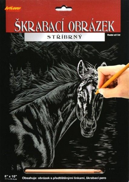 Škrabací obrázek stříbrný asst 3 druhy 20x25cm – Kůň