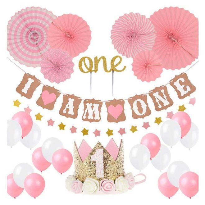 Růžová narozeninová sada balónků pro roční holčičku