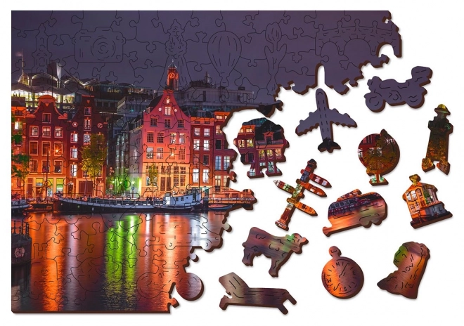 Wooden City Dřevěné puzzle Noční Amsterdam 2v1, 150 dílků EKO