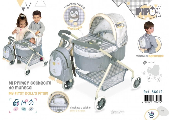 DeCuevas 86047 Můj první kočárek pro panenky s batůžkem a doplňky PIPO 2022 - 56 cm