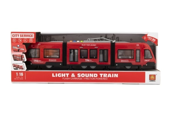 Tramvaj/Vlak plast 44cm na setrvačník na baterie se zvukem se světlem v krabici 48x17x11cm