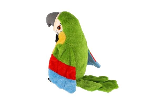Zelený plyšový papoušek opakující věty