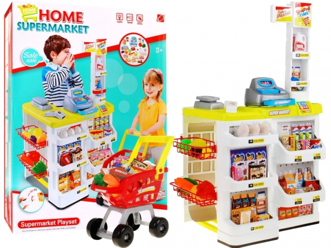 Dětský interaktivní supermarket s nákupním košíkem 24 dílů – Žlutý
