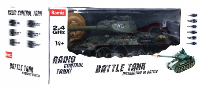 Dálkově ovládaný tank T-34 pro děti 3+ Střílející kamuflážní model 1:28 + Velká tanková bitva + Světelné zvuky