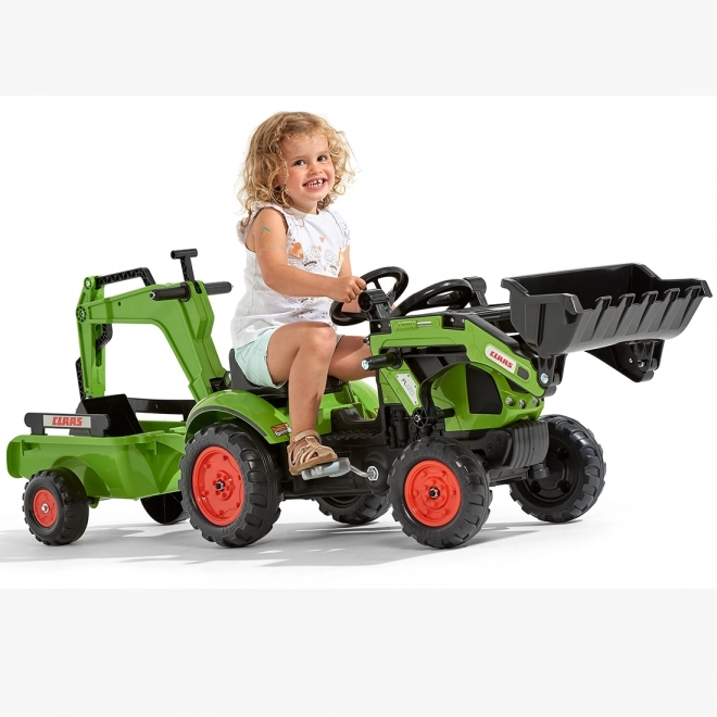 Šlapací traktor Claas Arion 410 s radlicí a zadní lžící a valníkem zelený