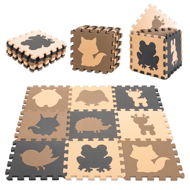 Hnědé pěnové puzzle s lesními zvířátky - 9 kusů
