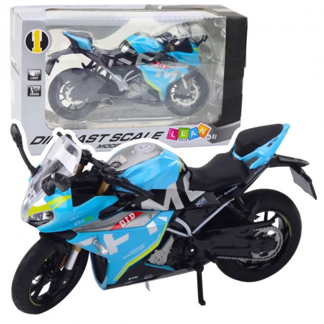 Sportovní motocykl kovový modrý 1:12