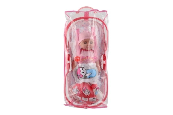 Panenka/miminko s nosítkem mrkací čurající plast 36cm pevné tělo s doplňky na bat. se zvukem v sáčku