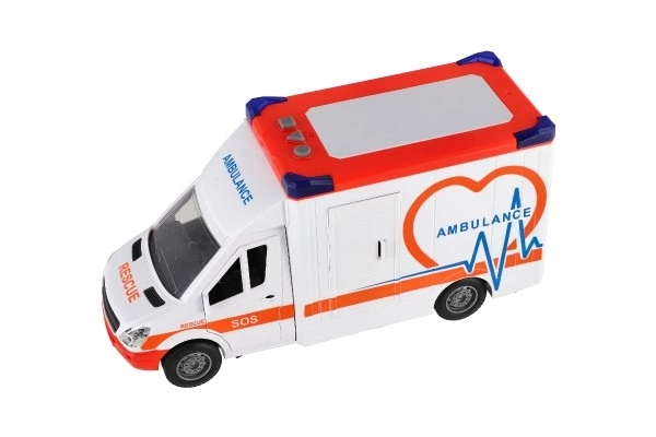 Auto ambulance plast 28cm s lehátkem na setrvačník se světlem se zvukem v krabici 39x18x12cm