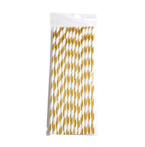 Bílá papírová brčka se zlatými proužky - 25 kusů