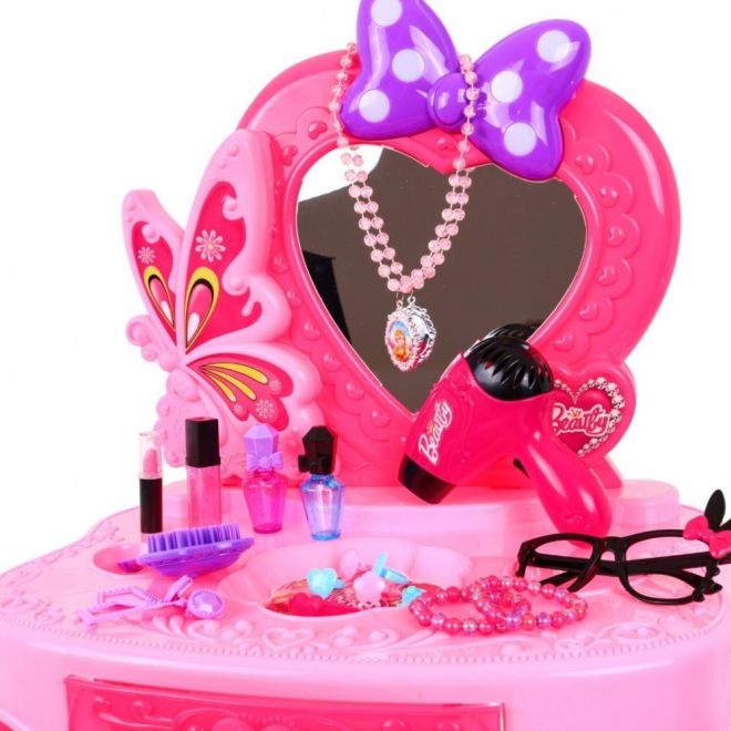 Růžový toaletní stolek se zrcadlem a židličkou + stylingové doplňky a fén