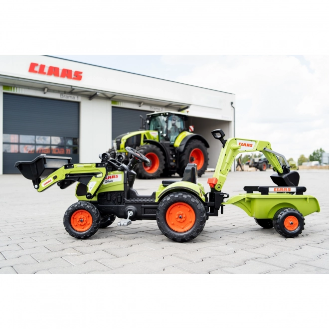 Šlapací traktor Claas Arion 410 s radlicí a zadní lžící a valníkem zelený