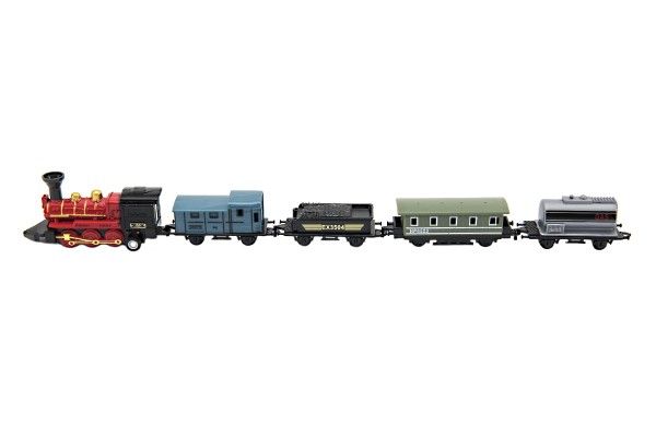 Vlak/lokomotiva a vagóny 5ks kov/plast 8cm na zpětné natažení 4 druhy na kartě