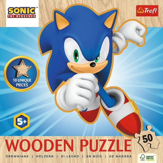 TREFL Dřevěné obrysové puzzle Sonic: Veselý Sonic 50 dílků