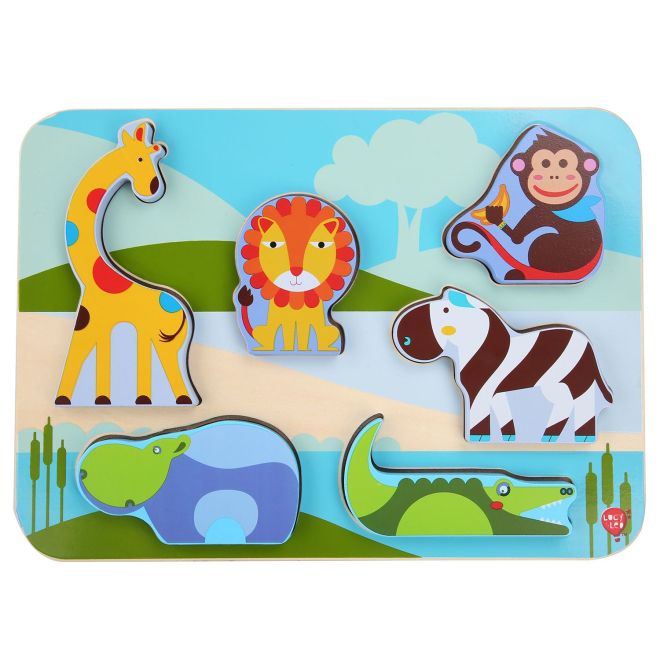 Lucy & Leo 224 Zvířátka ze safari- dřevěné vkládací puzzle 7 dílů