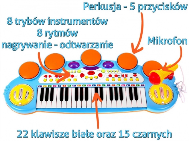 Modrá hudební sada Klávesy + bubny + mikrofon pro děti 3+ Světla + zvuky 3 oktávy