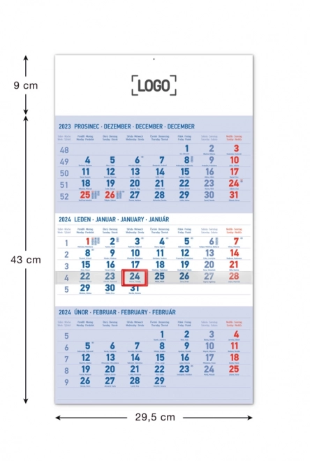 Nástěnný kalendář 3měsíční standard modrý – s českými jmény 2024, 29,5 × 43 cm