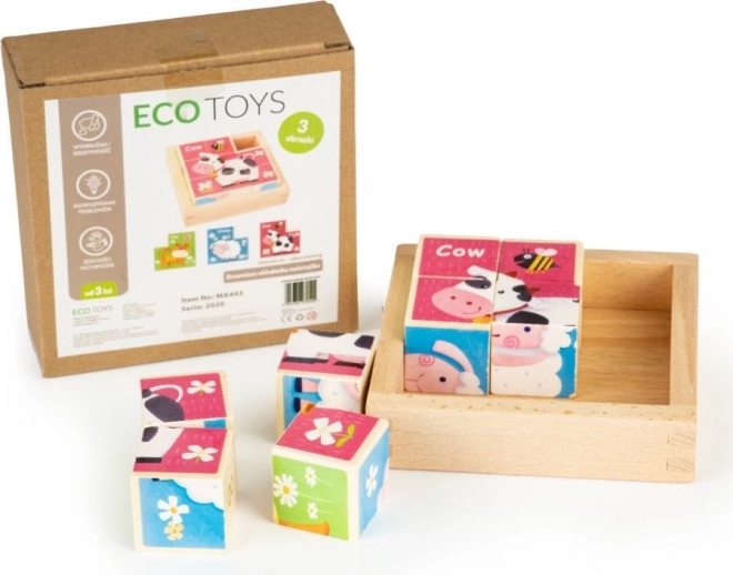 ECOTOYS Dřevěné kostky Zvířátka, 8 kostek