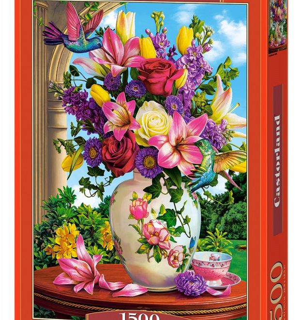 Puzzle 1500 prvků Váza s květinami - Kolibříci