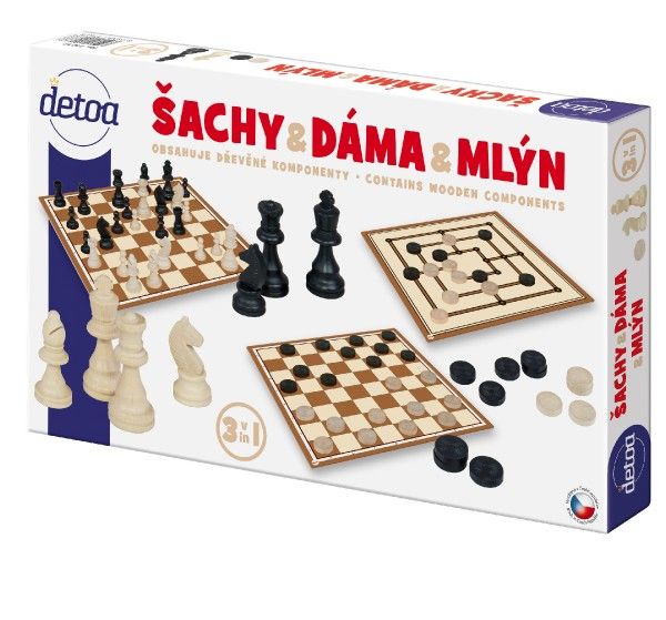 Šachy,dáma, mlýn dřevěné figurky a kameny společenská hra v krabici 35x23x4cm