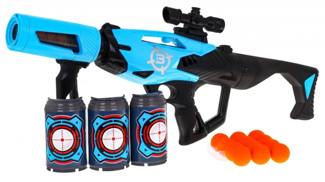Velká pistole pro děti 6+ Manuální odpalovací mechanismus + 12 pěnových míčků + 3 figuríny Hůlky
