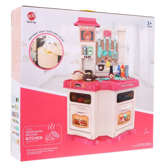 Růžová dětská kuchyňka 3+ Rádio + Interaktivní hořák + Parní funkce + Příslušenství