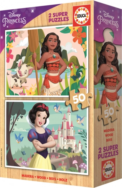 EDUCA Dřevěné puzzle Disney princezny: Vaiana a Sněhurka 2x50 dílků