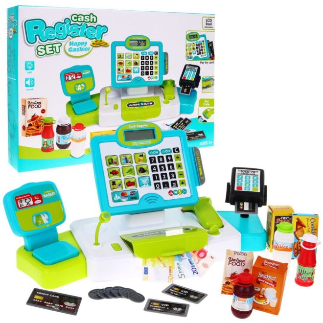 Realistická nákupní pokladna pro děti 3+ dotykový panel kalkulačka + skener + imitace potravin