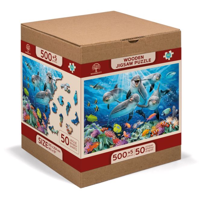 Wooden City Dřevěné puzzle Šťastní delfíni 2v1, 505 dílků EKO