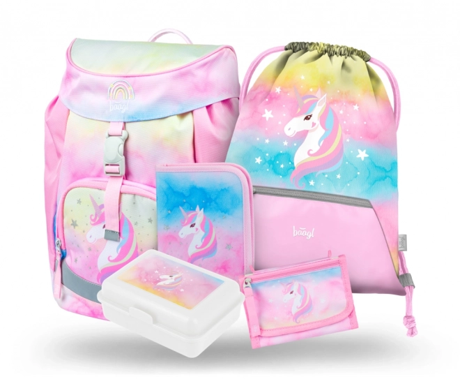 BAAGL SET 5 Airy Rainbow Unicorn: batoh, penál, sáček, peněženka, box