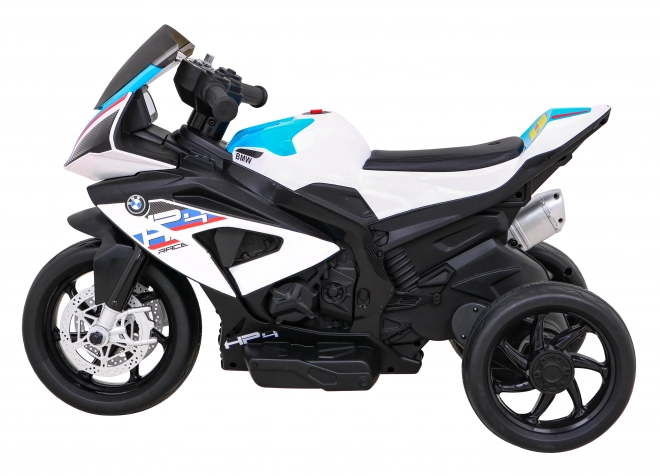 BMW HP4 Dětská motorka na baterie bílá + 3 kola + LED + MP3 USB + eko kůže