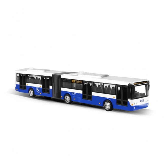 Kloubový autobus který hlásí zastávky česky 36 cm modrý