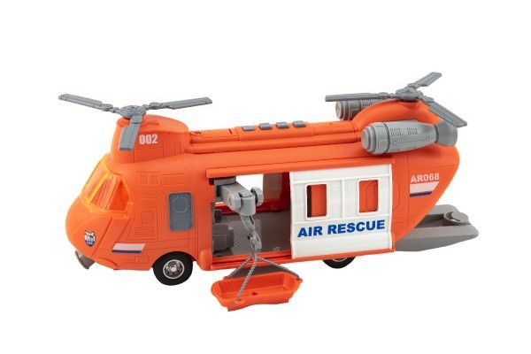 Vrtulník záchranářský plast 28cm na setrvačník na bat. se světlem se zvukem v krabici 32x19x12cm