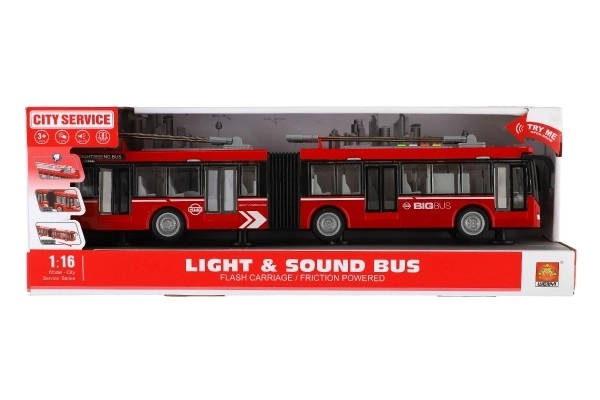 Trolejbus/Autobus plast 45cm na setrvačník na bat. se světlem se zvukem v krabici 48x18x11cm